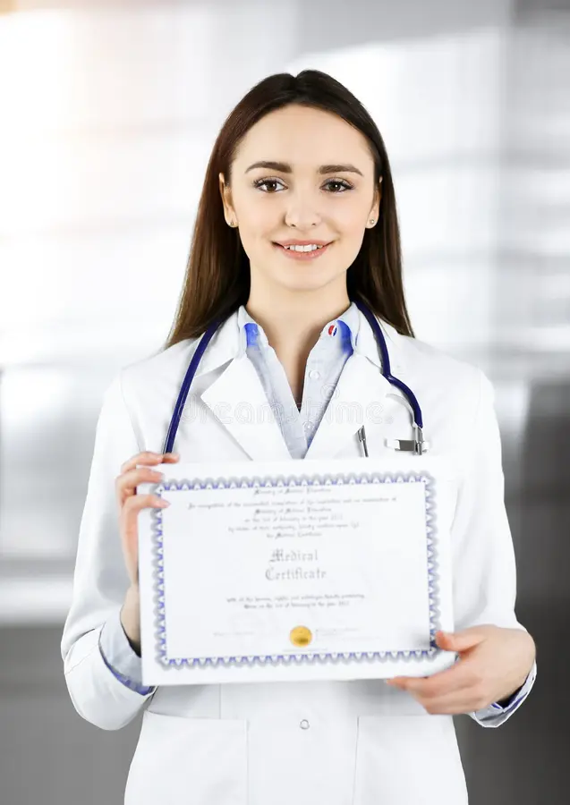 uma jovem medica feliz esta segurando um certificado em suas maos medico profissional no trabalho numa clinica ensolarada 205328678